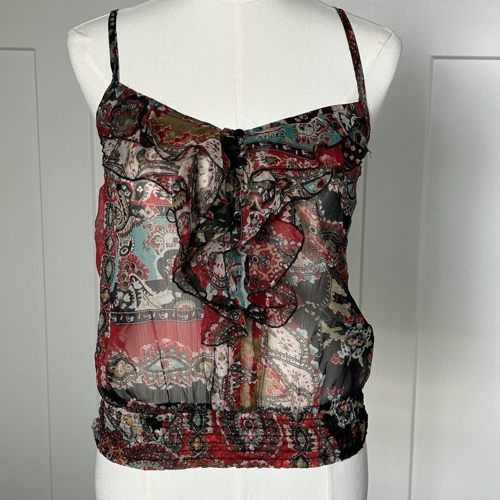 Vintage Y2K Wet Seal Ruffled Cami Tank Top - Women's XS - Teal Black Red Paisley